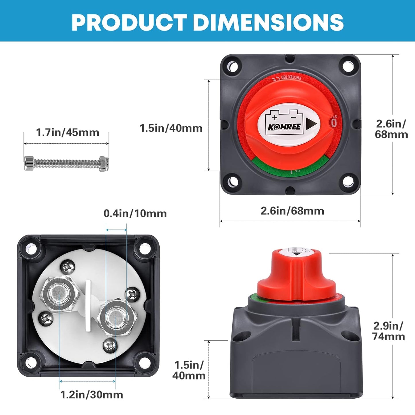 Kohree Battery Disconnect Switch, 12V-48V Battery Isolator Power Cut Off Master Switch Waterproof